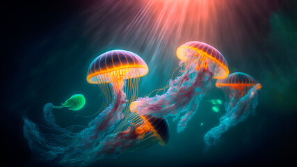 glowing sea jellyfishes on dark background, neural network generated art. Digitally generated image. Not based on any actual scene or pattern.  - obrazy, fototapety, plakaty