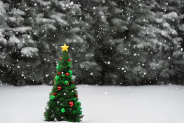 Obraz premium Realistic illustration of decorated fir tree under snow, using generative ai