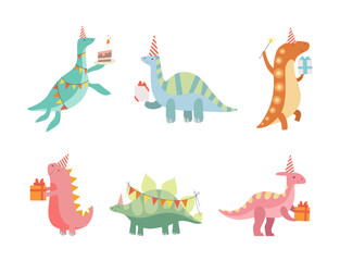 Cute Dinosaurs in Party Hats with Gift Boxes Celebrating Happy Birthday Vector Set