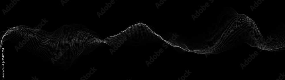 Poster a wave of particles. abstract dark background with dynamic wave. the concept of technological backgr