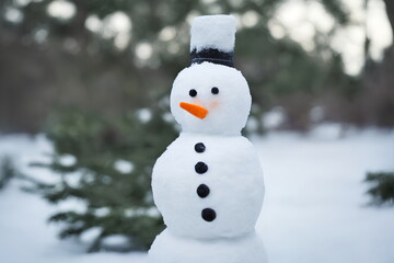 Realistic illustration of snowman outdoors, generative ai