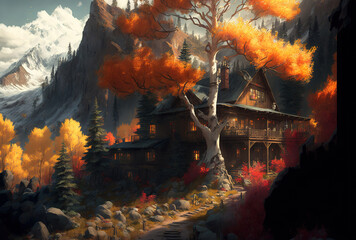 a village home in a tree filled mountain valley in the fall. Generative AI