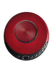Red discman cd player isolated on white background. Electronic device. Portable disc player