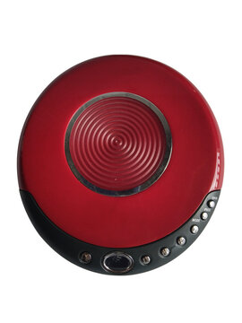 Red discman cd player isolated on white background. Electronic device. Portable disc player