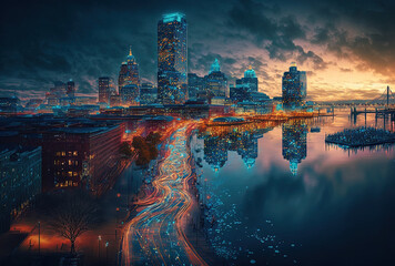 Fototapeta premium Boston's downtown harbor and Seaport Boulevard in the evening as seen via a Massachusetts hologram of artificial intelligence and corporate machine learning robotic neural networks. Generative AI