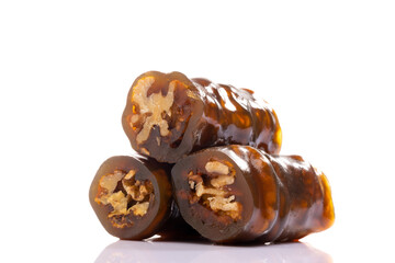Traditional Turkish dessert. Walnut sausage on white background