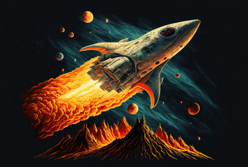Fototapeta premium Illustration of a spaceship departing on a mission in space. Generative AI