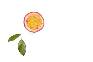 Passion fruit ( Maracuya ) with green leaves isolated on white background