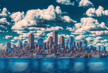 Naklejka premium Daytime panorama of Boston's metropolitan skyline Massachusetts Financial Downtown Hologram of Business Machine Learning and Artificial Intelligence robotic neural networks. Generative AI