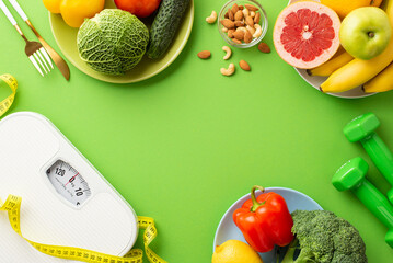 Slimming concept. Top view photo of plates with fruits and vegetables nuts cutlery dumbbells tape measure and scales on isolated green background with blank space in the middle
