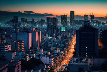 Osaka, Japan (September 2019) A view of the city at dusk. Generative AI