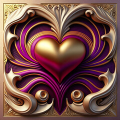 Heart in gold and pink and purple, love passion, romance, Valentine, intricate heart, illustration, digital