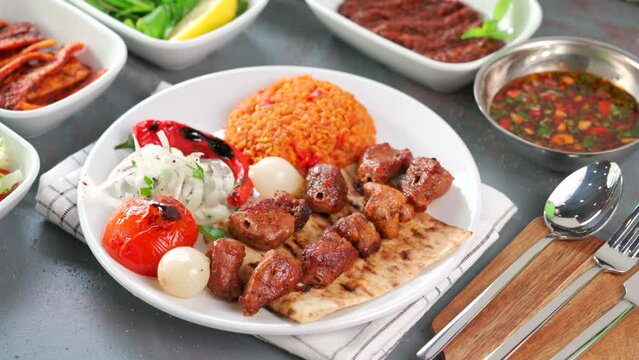 Traditional Turkish meal kebab, Ali nazik, adana kebap, urfa kebap, &ccedil;&ouml;p şiş, patlican kebap, domates kebap, şaşlık, saslik, ciger sis on table top view
