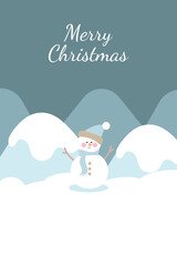 Minimalism merry christmas holiday cover template vector. Blue snowman on blue background with snow and mountains. Design for card, corporate, greeting, wallpaper, poster.	