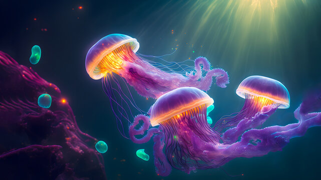 glowing sea jellyfishes on dark background, neural network generated art. Digitally generated image. Not based on any actual scene or pattern.