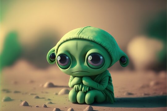 Cute Sad Green Little Alien