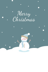Minimalism merry christmas holiday cover template vector. Blue snowman on blue background with snow and snowflakes. Design for card, corporate, greeting, wallpaper, poster.