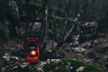 A red kerosene lantern in the autumn forest. Old kerosene lamp.