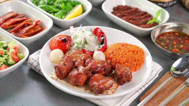 Traditional Turkish meal kebab, Ali nazik, adana kebap, urfa kebap, &ccedil;&ouml;p şiş, patlican kebap, domates kebap, şaşlık, saslik, ciger sis on table top view
