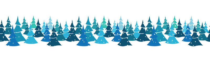 Winter endless curb. Blue Christmas trees under the snow. Seamless repeat pattern. Cartoon doodles. Vector pattern, design for banner, packaging, paper on a white background.