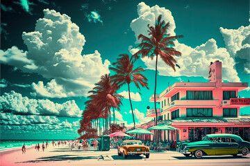 midjourney generated illustration by ai, miami beach scene in pastel colors