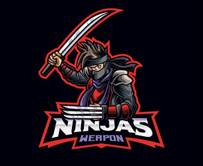 Ninja weapon mascot logo design. Katana and tekko-kagi weapon vector illustration