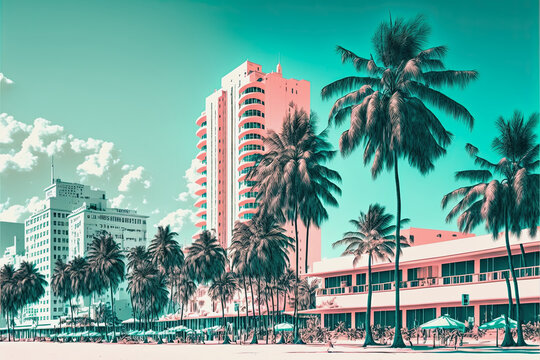 midjourney generated illustration by ai, miami beach scene in pastel colors