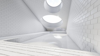 Architecture background white interior with round windows 3d render