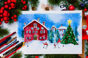 Fototapeta na wymiar Winter season holiday, Christmas, New Year. Christmas concept. Children's drawings in pencil and paints.