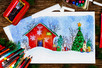 Winter season holiday, Christmas, New Year. Christmas concept. Children's drawings in pencil and paints.
