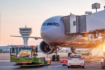 Aircraft is being serviced by airfield ground services at gangway of terminal airport building, preparing for towing and launching into flight in the evening at sunset.