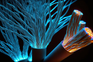 Obraz premium blue lit optical fiber cables. Generative AI