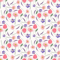 Fototapeta na wymiar floral seamless pattern with pink and purple flowers on a white background