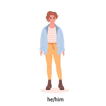 Young woman with gender pronoun. She, he, they, non-binary. Gender-neutral movement. LGBTQ community. Hand drawn vector illustration