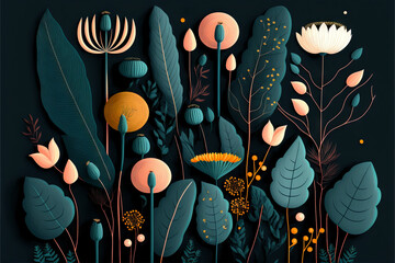 Wallpaper with plants and leaves and flowers on a black background
generative ai