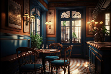 Fototapeta na wymiar ai midjourney illustration of a Parisian restaurant interior