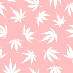 Seamless pattern of white hemp on a pink background.White hemp leaves on a pink background. Marijuana pattern. 