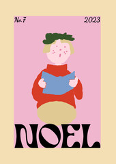 Vector Retro Style Magazine Poster Christmas Poinsettia Berries Citrus Toys Christmas Greetings Greenery Holly Postcard Poster Candles Coziness Christmas Party TV Armchair