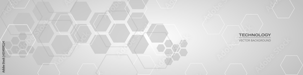 Poster Abstract hexagonal medical soft grey horizontal banner. Technology abstract wide background with hexagonal elements. Innovation medicine, science, healthcare technology or science design.