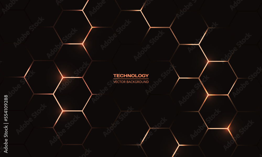 Poster Black and yellow hexagonal technology vector abstract background. Yellow bright energy flashes under hexagon in modern technology futuristic background illustration. Dark gray honeycomb texture grid.