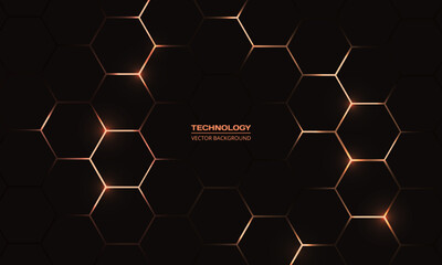 Black and yellow hexagonal technology vector abstract background. Yellow bright energy flashes under hexagon in modern technology futuristic background illustration. Dark gray honeycomb texture grid.