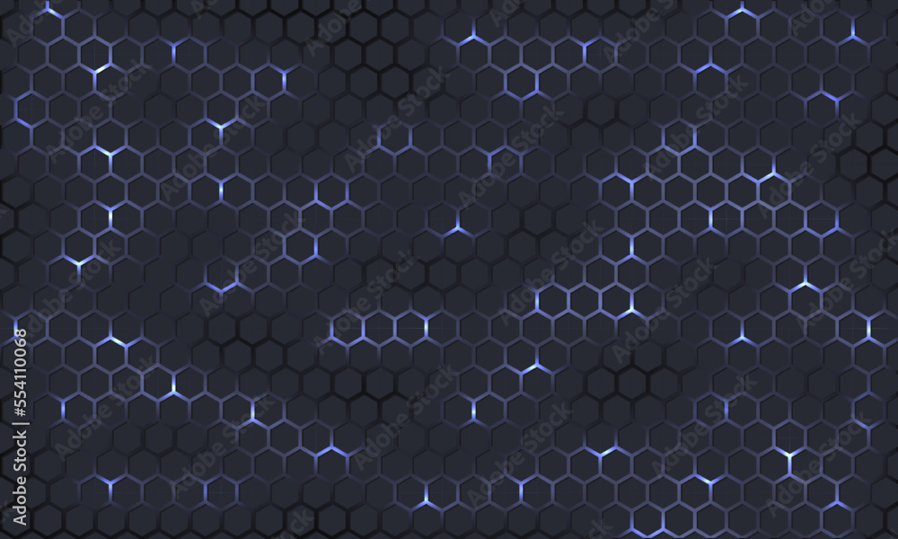 Poster Dark technology hexagonal vector background. Abstract light energy flashes under hexagon in dark technology modern futuristic background vector illustration. Dark gray honeycomb texture grid.