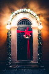 Christmas decoration on the door. Warsaw Old Town. Christmas in Poland.