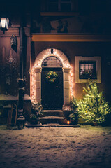 Christmas decoration on the door. Warsaw Old Town. Christmas in Poland.