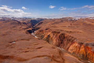 Fototapeta na wymiar Landscape mountains Altai Republic Russia, texture of red sand in Mars valley, aerial top view