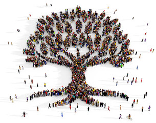  Crowd of people gathered together in the shape of large tree, top view, human evolution and genealogy concept, isolated on transparent background 
