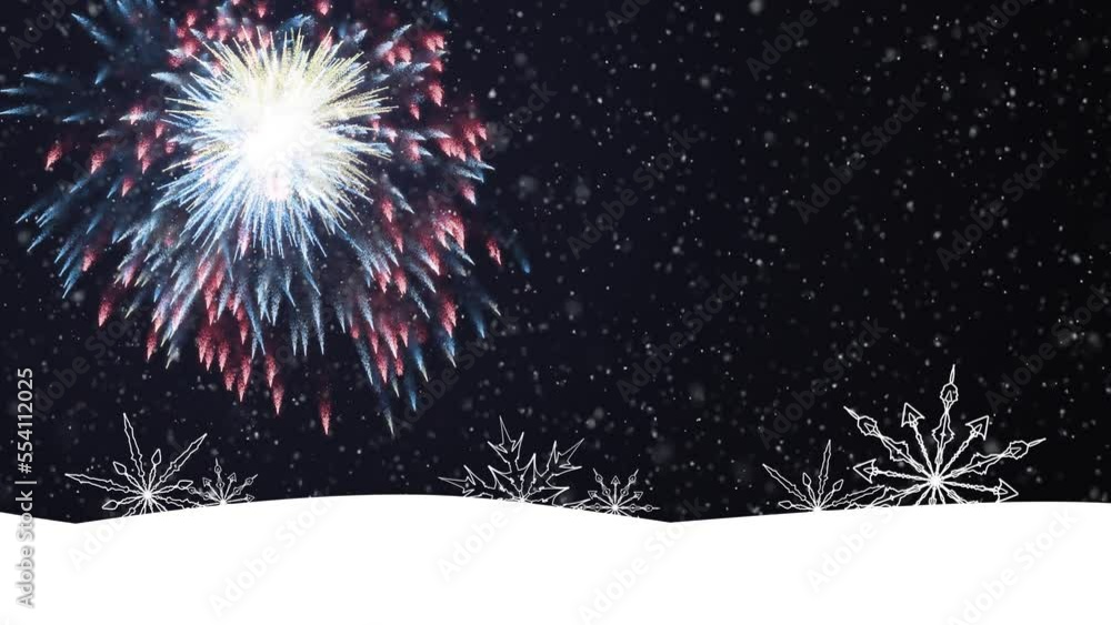 Poster snowy field with snowflakes loop motion on black background with colorful fireworks animation.