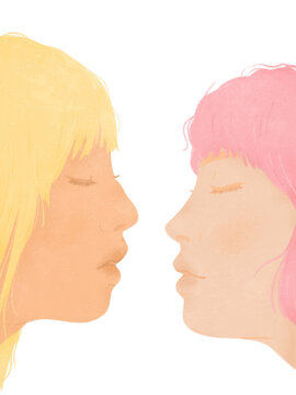 Pride Month young multi ethnic lesbian couple kissing on transparent background