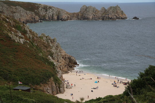 View to Porthcurno beach at Atlantic ocean in Cornwall, England Great Britain