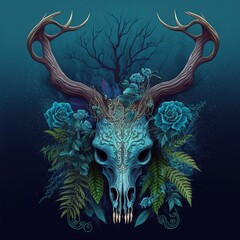 Dragon deer skull floral illustration made with Generative AI
